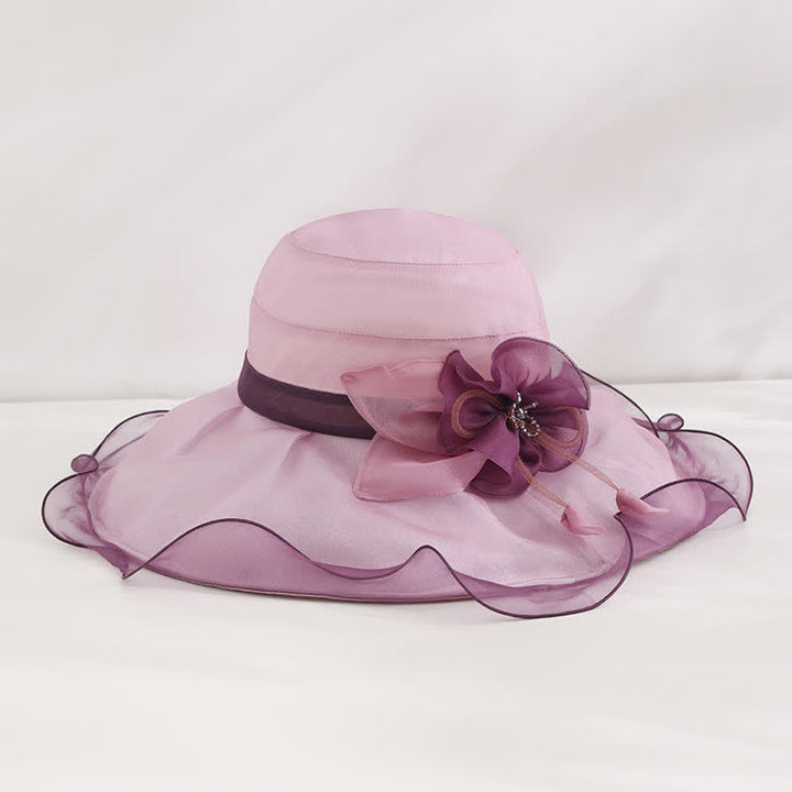 Women's Floral Wide Wave Brim Holiday Beach Foldable Silk Sun Hat - Violet - Adjustable (20 7/8"-22 1/2") - image 0