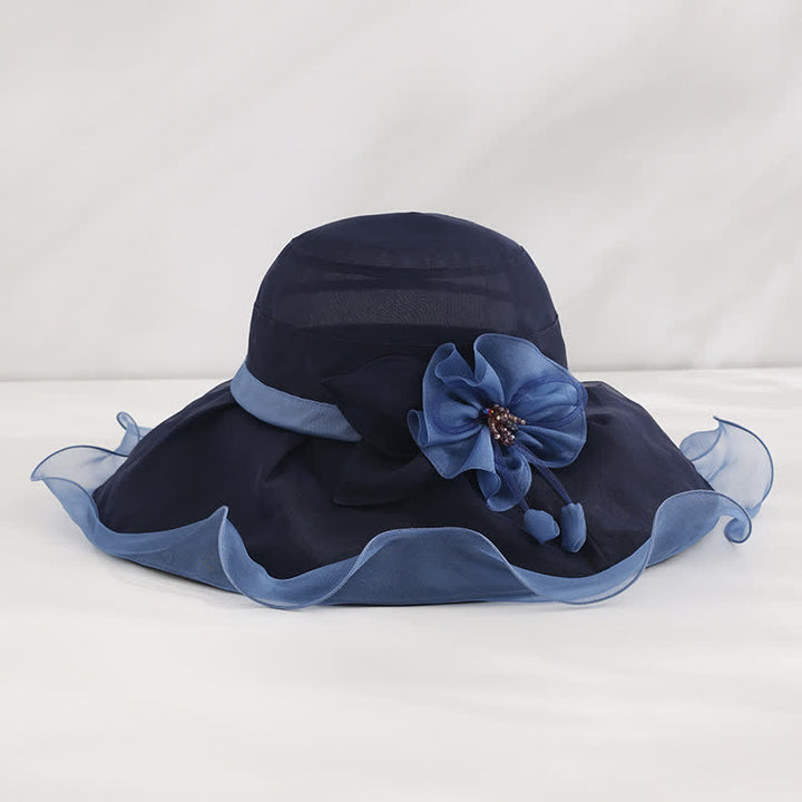 Women's Floral Wide Wave Brim Holiday Beach Foldable Silk Sun Hat - Navy - Adjustable (20 7/8"-22 1/2") - image 8