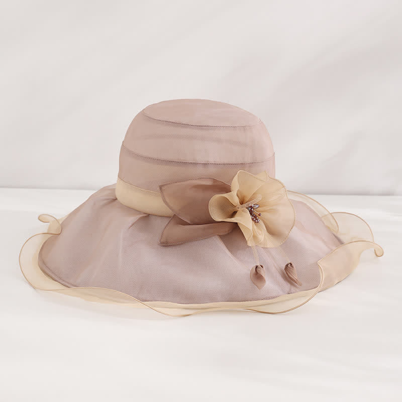 Women's Floral Wide Wave Brim Holiday Beach Foldable Silk Sun Hat - Rose Brown - Adjustable (20 7/8"-22 1/2") - image 10