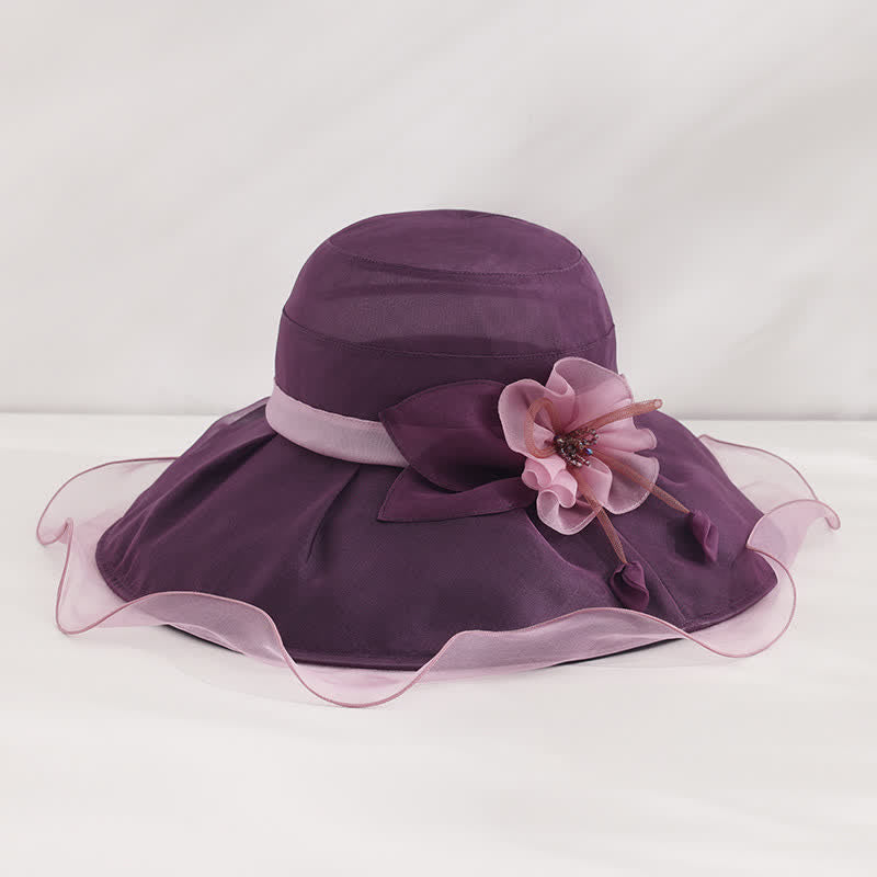 Women's Floral Wide Wave Brim Holiday Beach Foldable Silk Sun Hat - Dark Purple - Adjustable (20 7/8"-22 1/2") - image 9