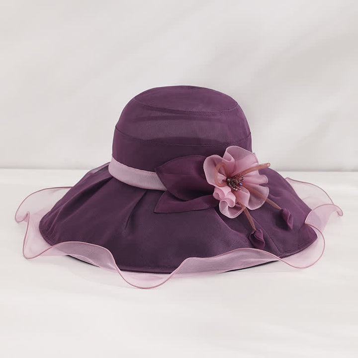 Women's Floral Wide Wave Brim Holiday Beach Foldable Silk Sun Hat - Dark Purple - Adjustable (20 7/8"-22 1/2") - image 9