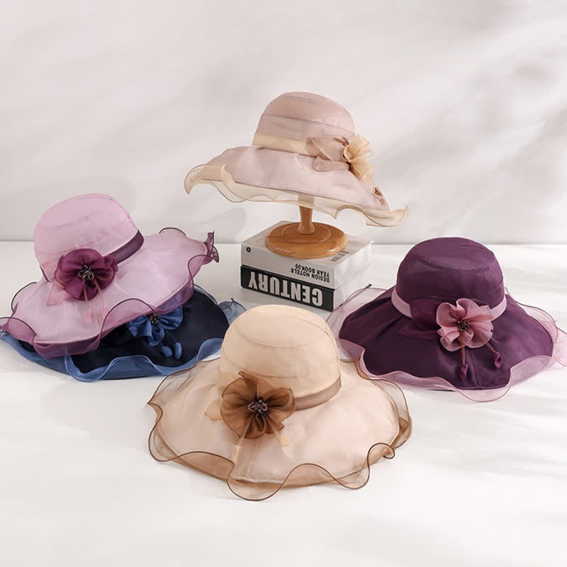 Women's Floral Wide Wave Brim Holiday Beach Foldable Silk Sun Hat