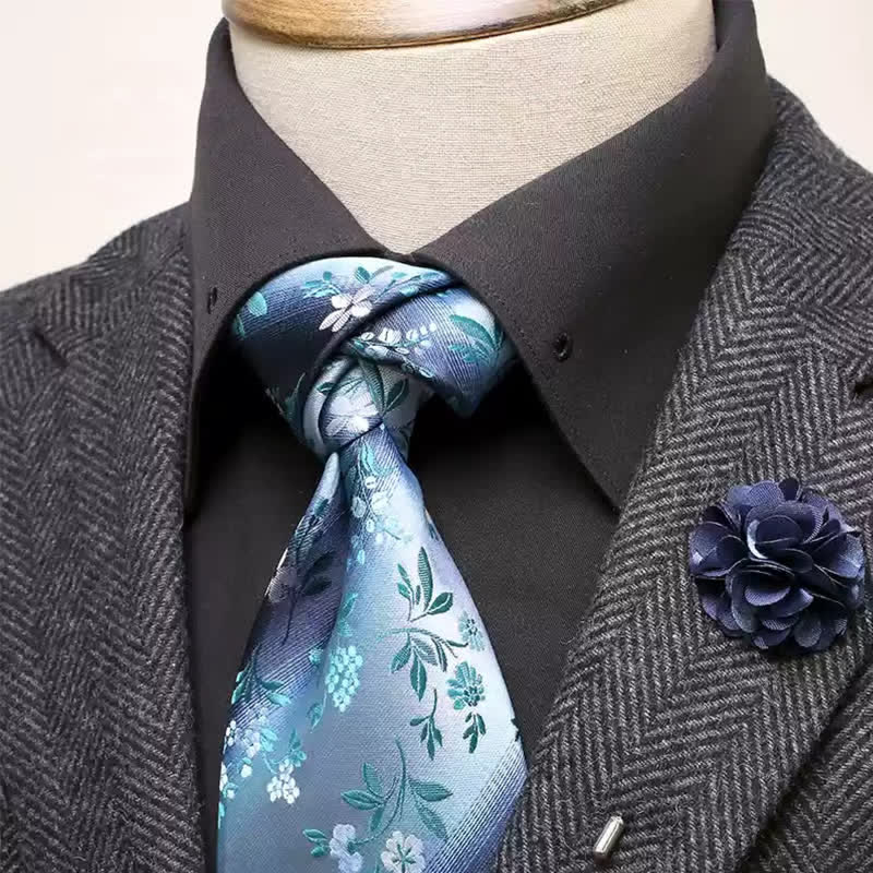 2Pcs Men's LightCyan & Navy Flower Pattern Wide Necktie Corsage Set - LightCyan & Navy - image 0