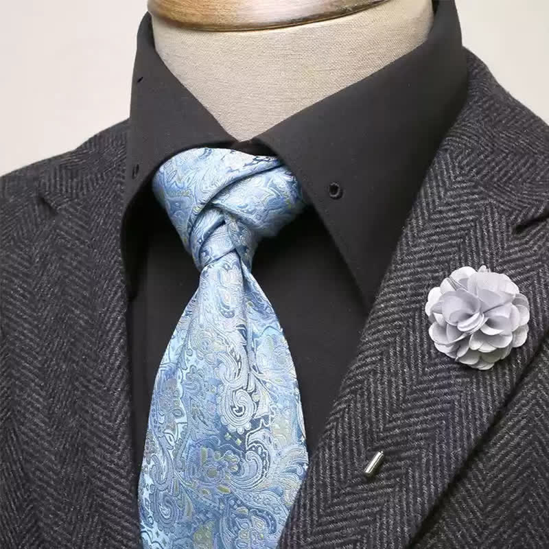 2Pcs Men's Light Sky Blue Paisley Pattern Wide Necktie Corsage Set - Light Sky Blue - image 0