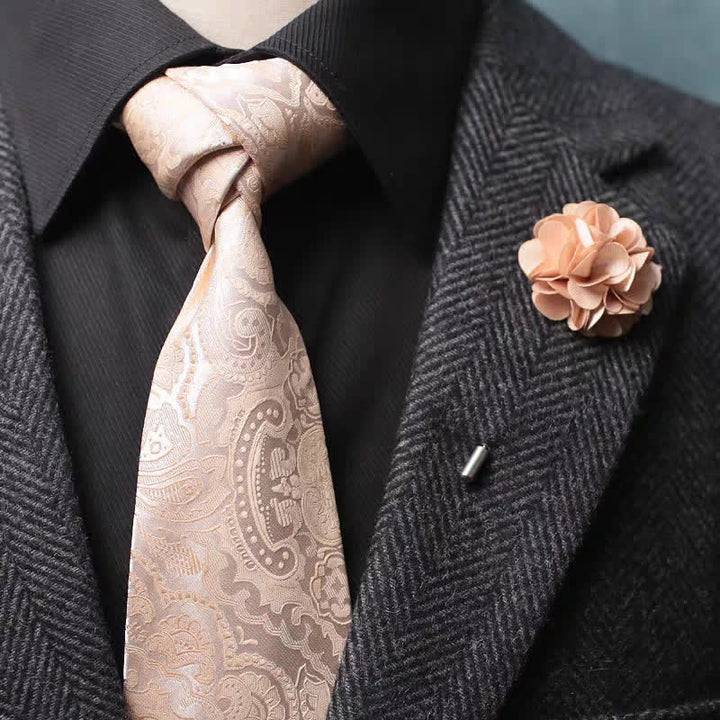 2Pcs Men's Champagne Paisley Motifs Wide Necktie Corsage Set
