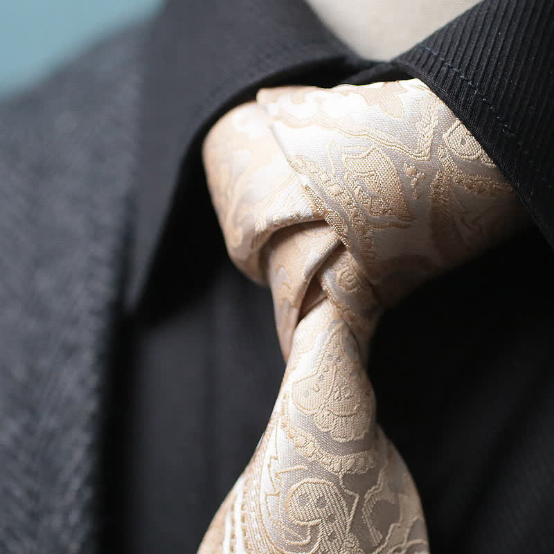 2Pcs Men's Champagne Paisley Motifs Wide Necktie Corsage Set
