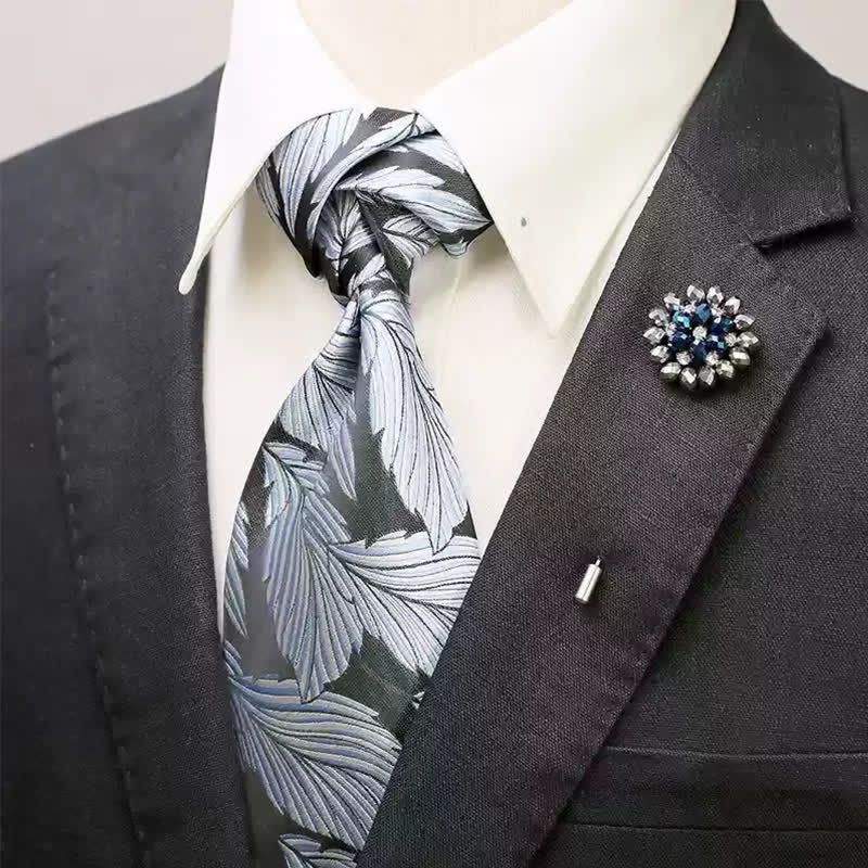 2Pcs Men's Light Blue & Black Feather Motifs Wide Necktie Corsage Set - Light Blue & Black - image 0