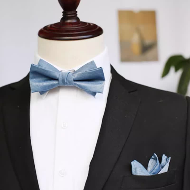 Men's Haze Blue Solid Color Fresh Bow Tie - Flat - Bow Tie + Pocket Square - image 11