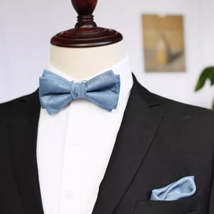 Men's Haze Blue Solid Color Fresh Bow Tie - Double Layers - Bow Tie + Pocket Square - image 13