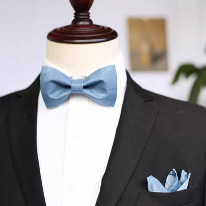 Men's Haze Blue Solid Color Fresh Bow Tie - Plain - Bow Tie + Pocket Square - image 7
