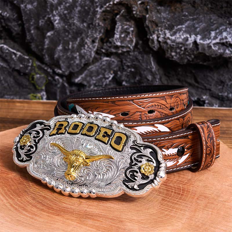 Rodeo Silver & Gold DIY Bull Head Large Buckle Leather Belt - Prayer - Brown Feather Belt - 40 - image 9