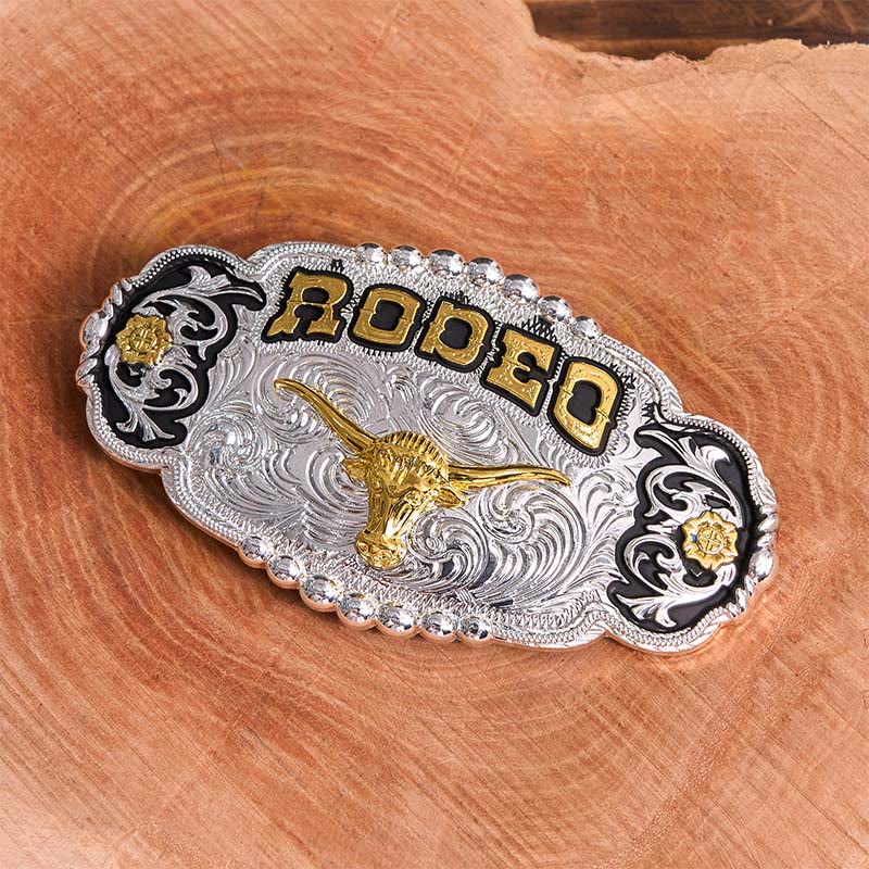 Rodeo Silver & Gold DIY Bull Head Large Buckle Leather Belt - image 1