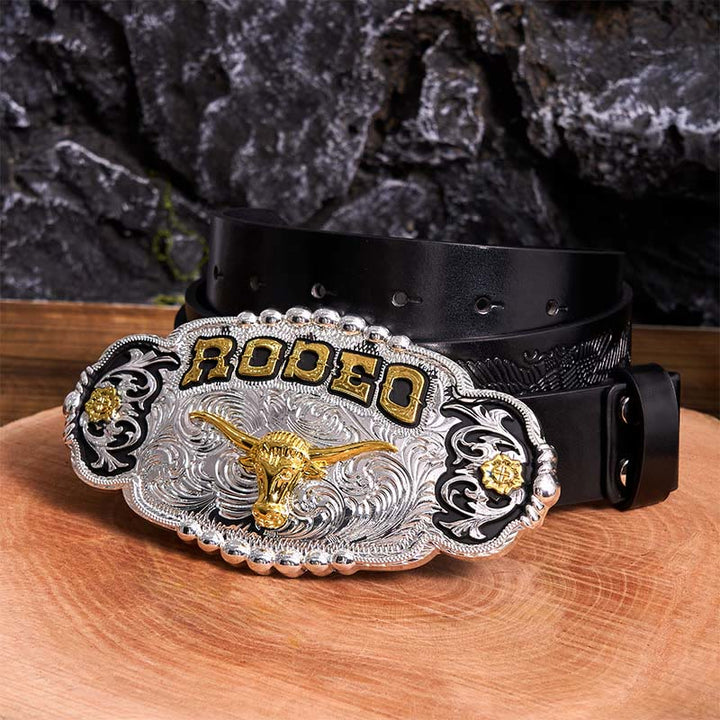 Rodeo Silver & Gold DIY Bull Head Large Buckle Leather Belt - Prayer - Black Embossed Eagle Belt - 42 - image 3