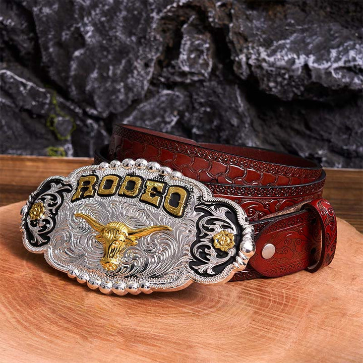 Rodeo Silver & Gold DIY Bull Head Large Buckle Leather Belt - Prayer - Brown Carved Belt - 42 - image 7