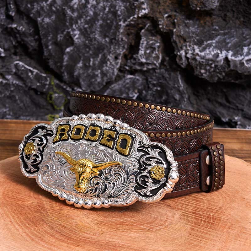 Rodeo Silver & Gold DIY Bull Head Large Buckle Leather Belt - Prayer - Brown Rivet Belt - 42 - image 5
