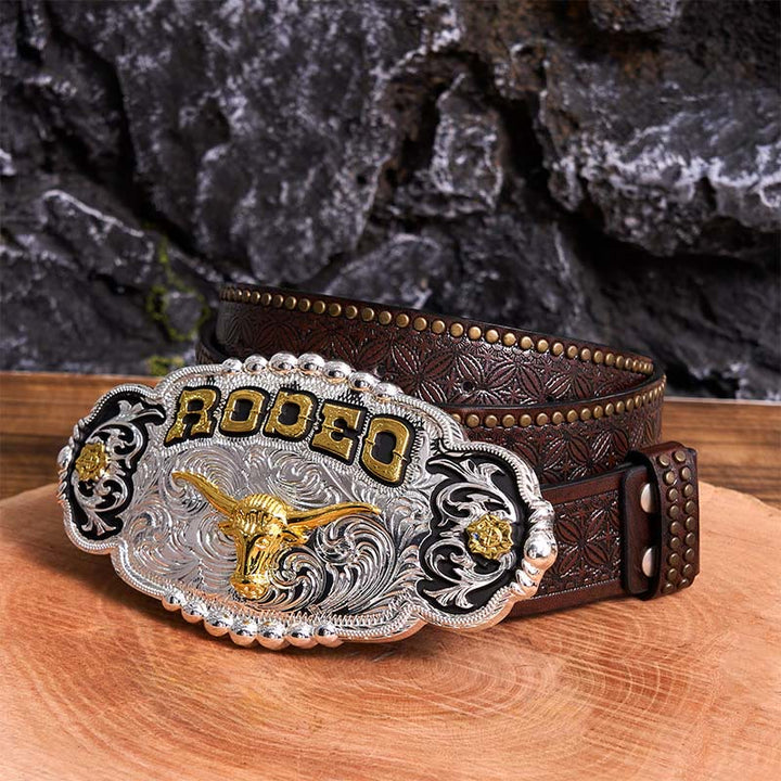 Rodeo Silver & Gold DIY Bull Head Large Buckle Leather Belt - Prayer - Brown Rivet Belt - 42 - image 5