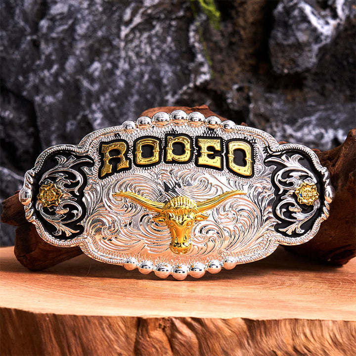 Rodeo Silver & Gold DIY Bull Head Large Buckle Leather Belt - Prayer - Without Belt - Not Included Belt - image 0