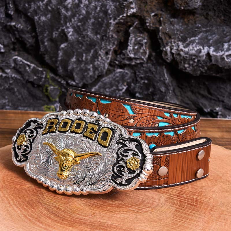 Rodeo Silver & Gold DIY Bull Head Large Buckle Leather Belt - Prayer - Turquoise Carved Belt - 42 - image 5