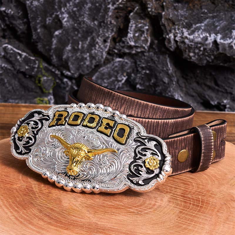 Rodeo Silver & Gold DIY Bull Head Large Buckle Leather Belt - Prayer - Brown Distressed Belt - 42 - image 6