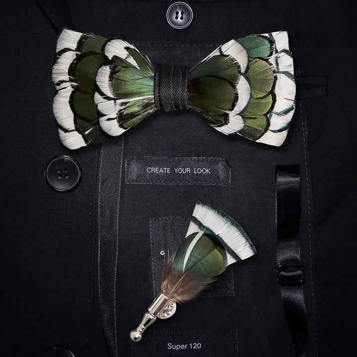 DarkGreen & White Layered Feather Bow Tie with Lapel Pin