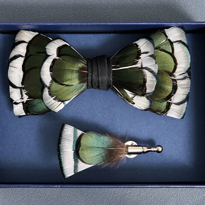 DarkGreen & White Layered Feather Bow Tie with Lapel Pin