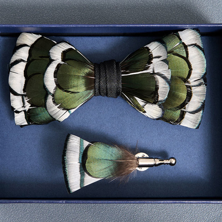 DarkGreen & White Layered Feather Bow Tie with Lapel Pin
