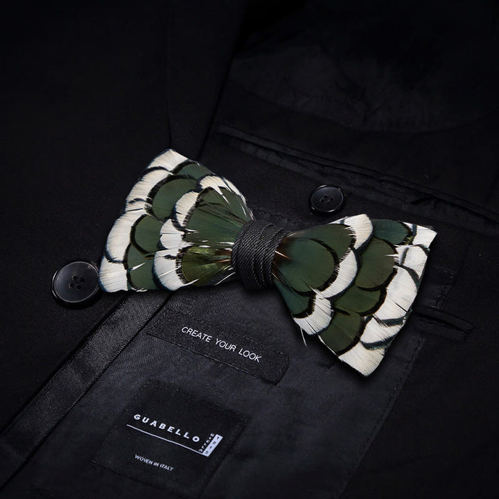 DarkGreen & White Layered Feather Bow Tie with Lapel Pin