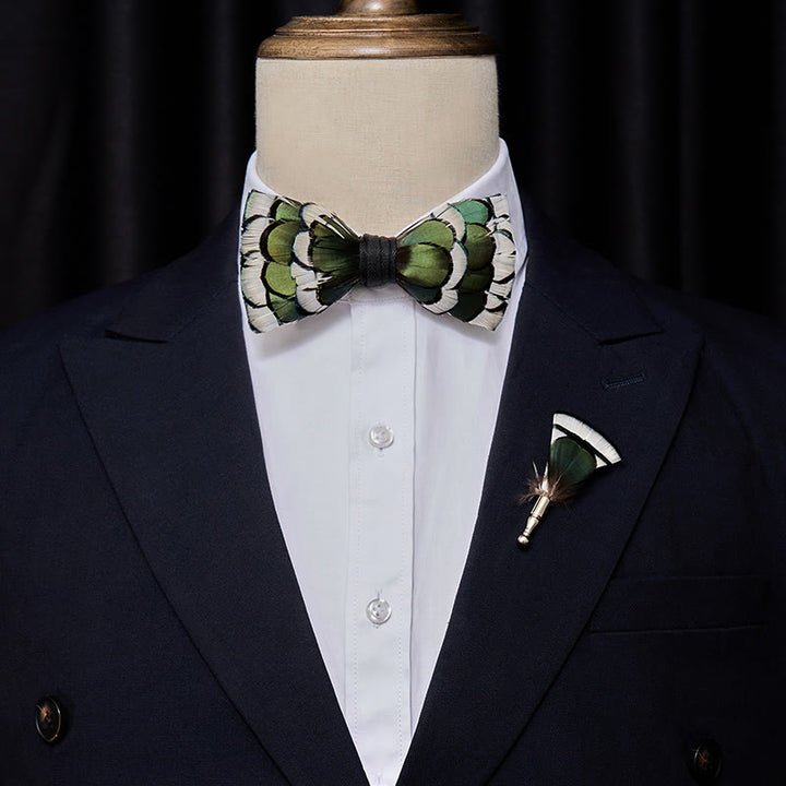 DarkGreen & White Layered Feather Bow Tie with Lapel Pin