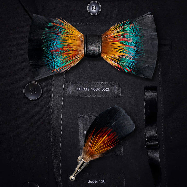 Kid's Black & Multicolored Blossom Feather Bow Tie with Lapel Pin - Adult - image 0