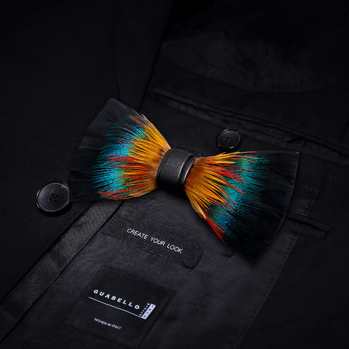 Kid's Black & Multicolored Blossom Feather Bow Tie with Lapel Pin