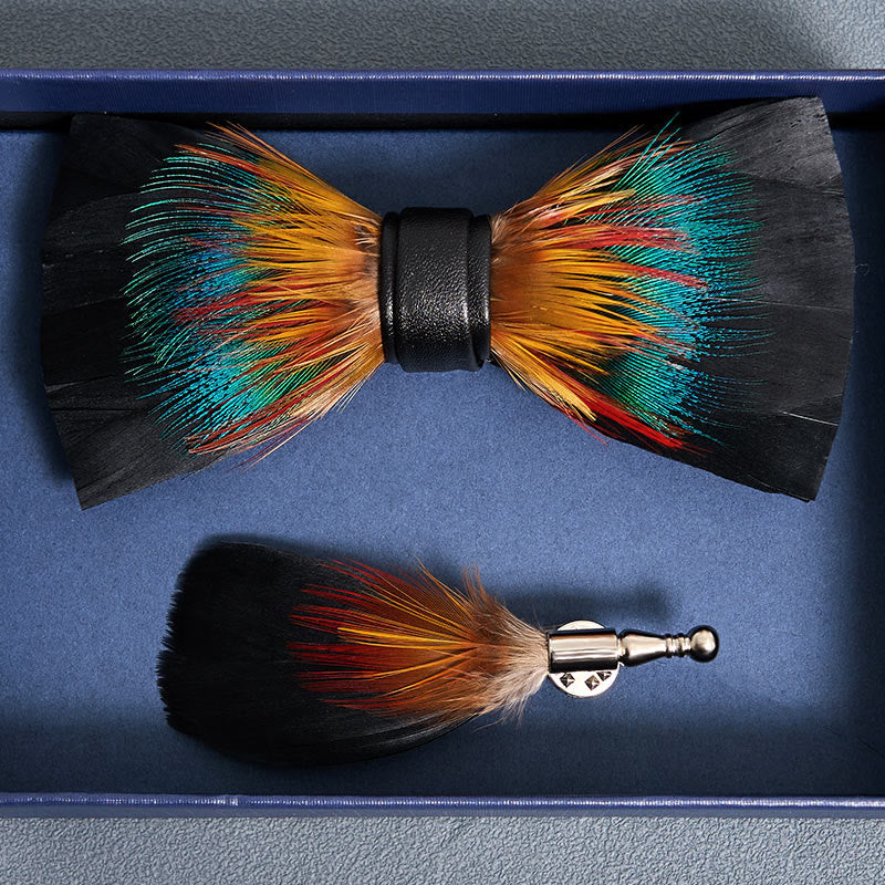 Black & Multicolored Blossom Feather Bow Tie with Lapel Pin - image 3