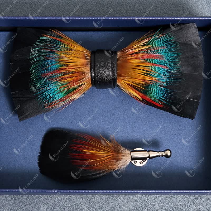 Black & Multicolored Blossom Feather Bow Tie with Lapel Pin