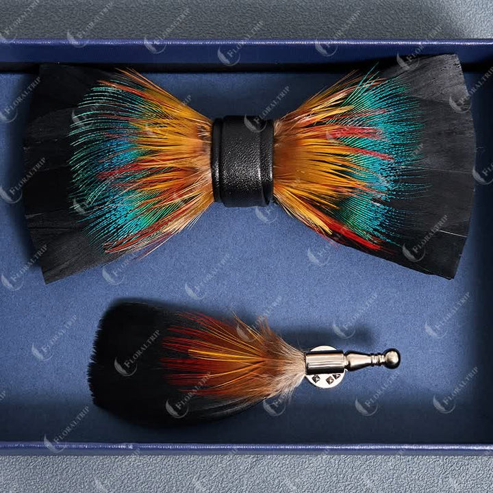 Black & Multicolored Blossom Feather Bow Tie with Lapel Pin