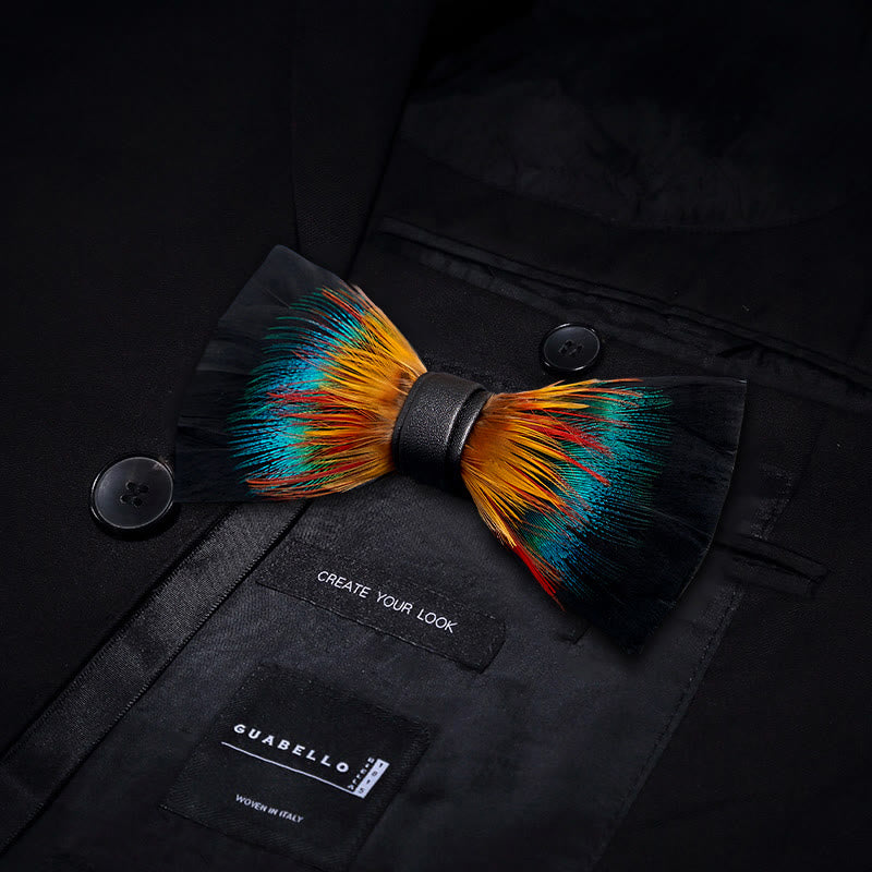 Black & Multicolored Blossom Feather Bow Tie with Lapel Pin - image 2