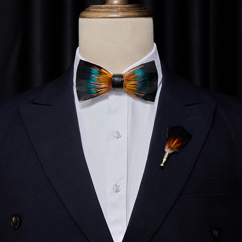 Black & Multicolored Blossom Feather Bow Tie with Lapel Pin - image 1