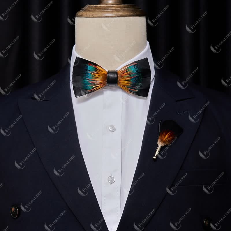 Black & Multicolored Blossom Feather Bow Tie with Lapel Pin