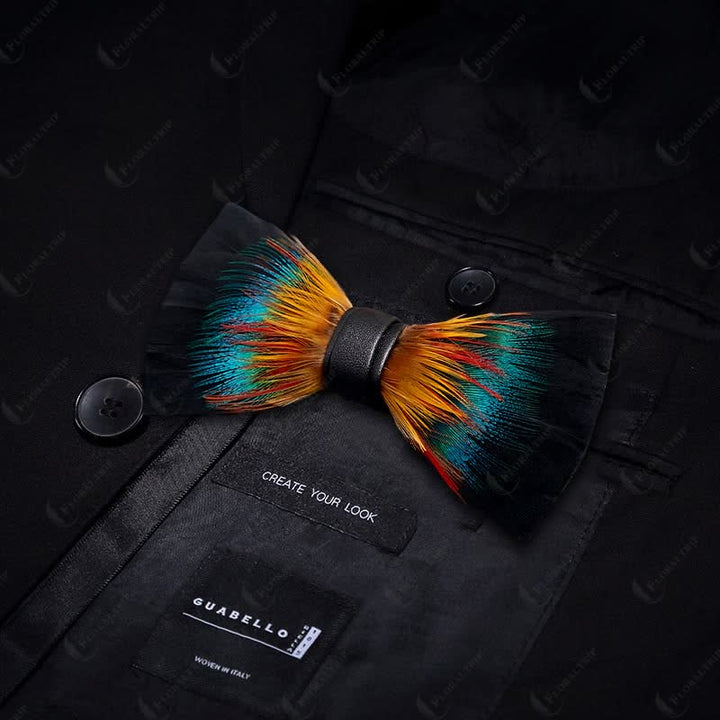 Black & Multicolored Blossom Feather Bow Tie with Lapel Pin