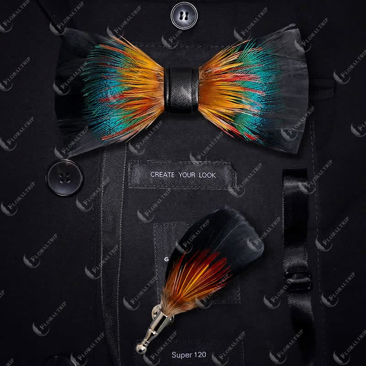 Black & Multicolored Blossom Feather Bow Tie with Lapel Pin