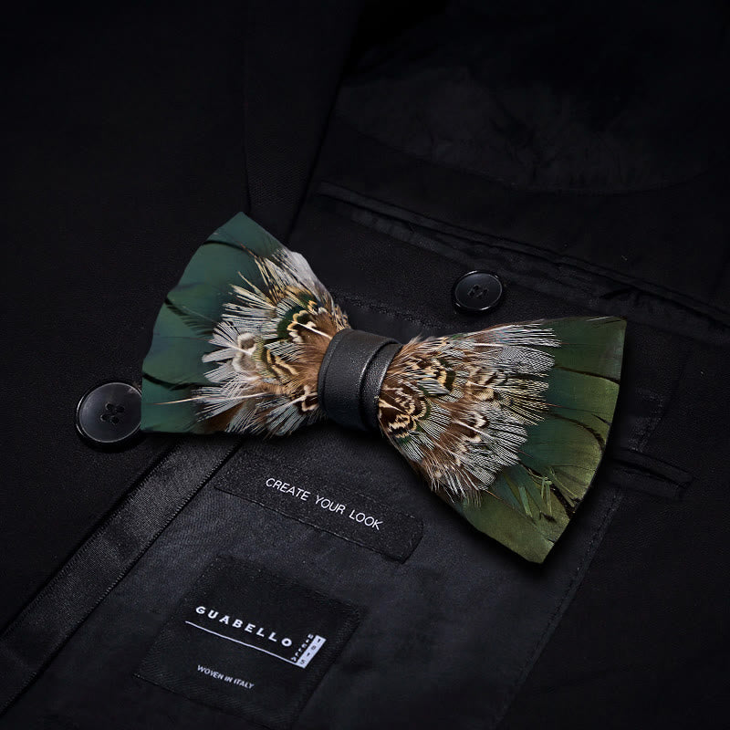 Forest Green Pheasant Feather Bow Tie with Lapel Pin - image 2