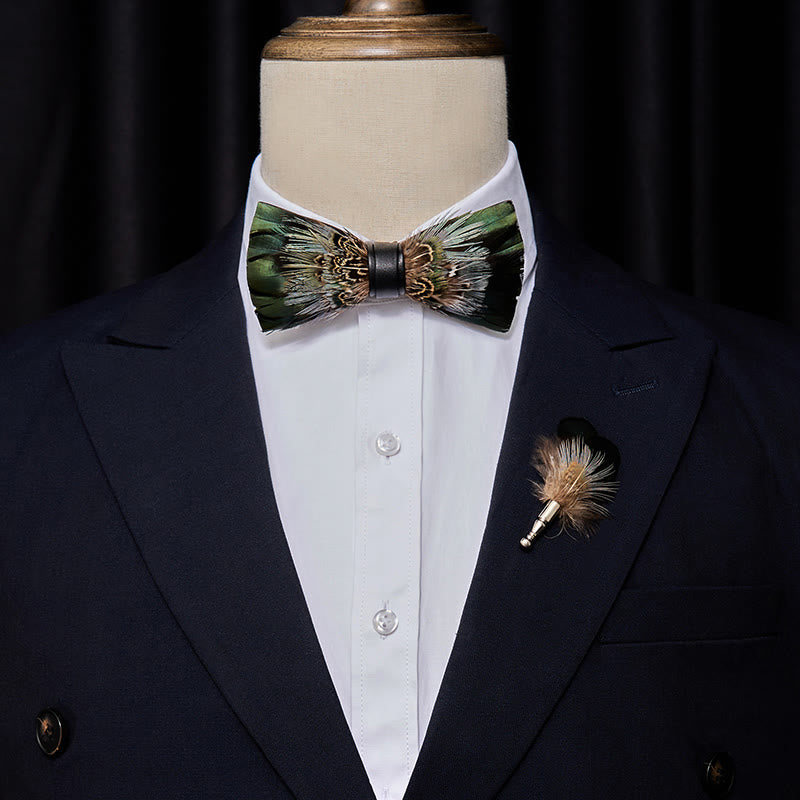 Forest Green Pheasant Feather Bow Tie with Lapel Pin - image 1