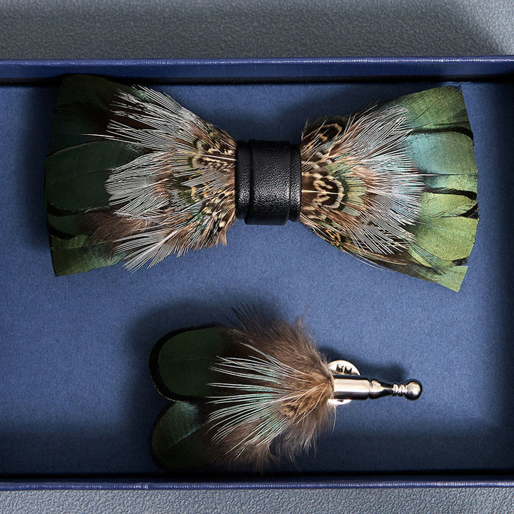Forest Green Pheasant Feather Bow Tie with Lapel Pin - image 3