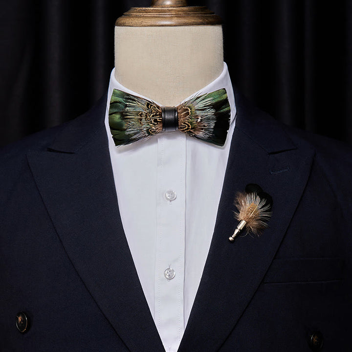 Kid's Forest Green Pheasant Feather Bow Tie with Lapel Pin