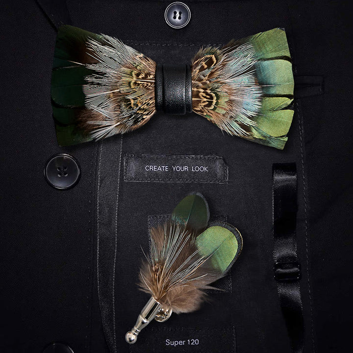 Kid's Forest Green Pheasant Feather Bow Tie with Lapel Pin