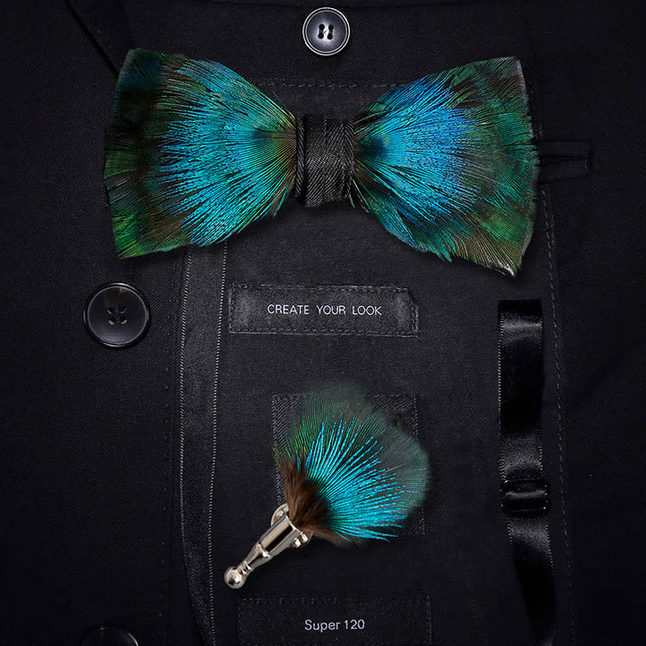 Aurora Blue & Green Feather Bow Tie with Lapel Pin
