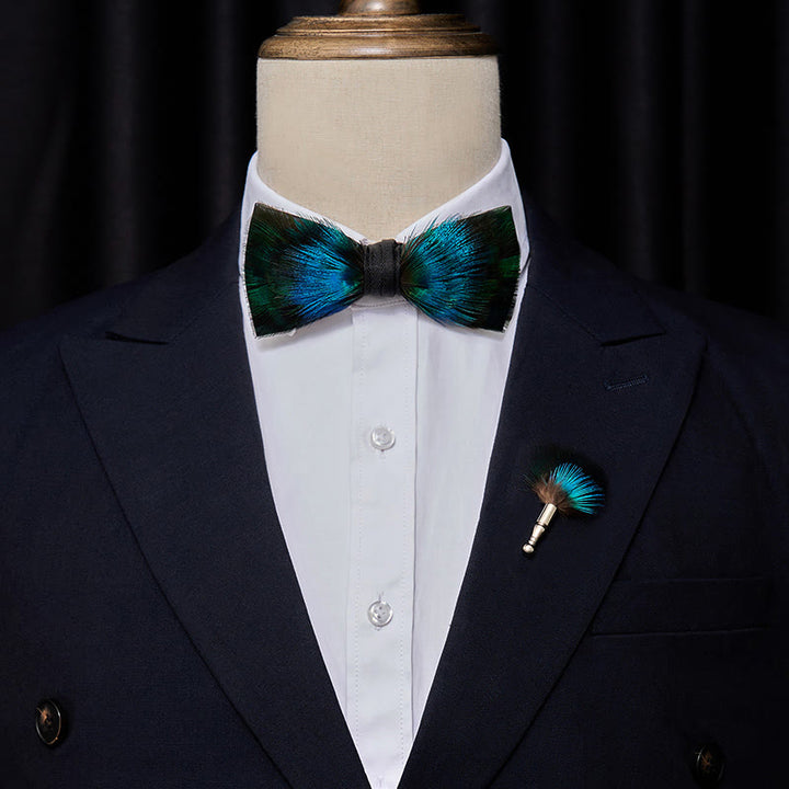 Aurora Blue & Green Feather Bow Tie with Lapel Pin