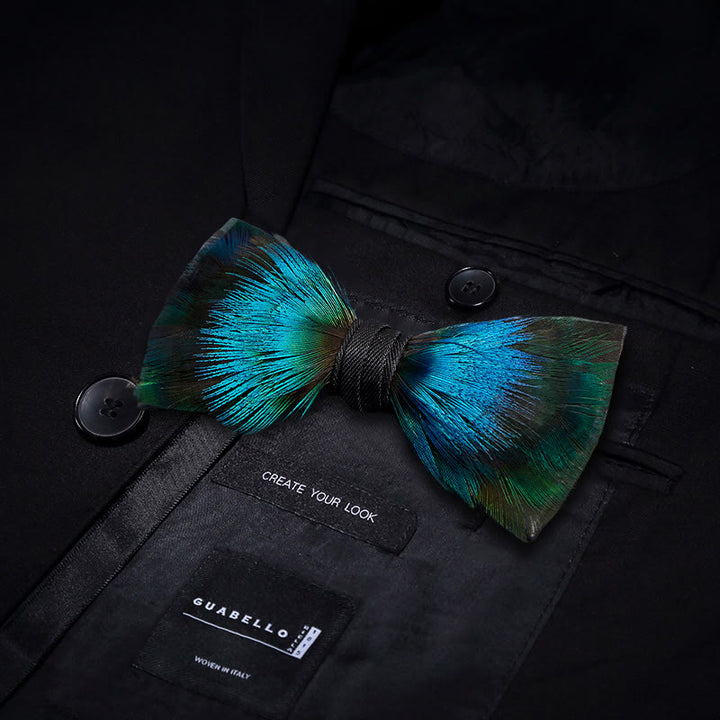 Aurora Blue & Green Feather Bow Tie with Lapel Pin - image 2
