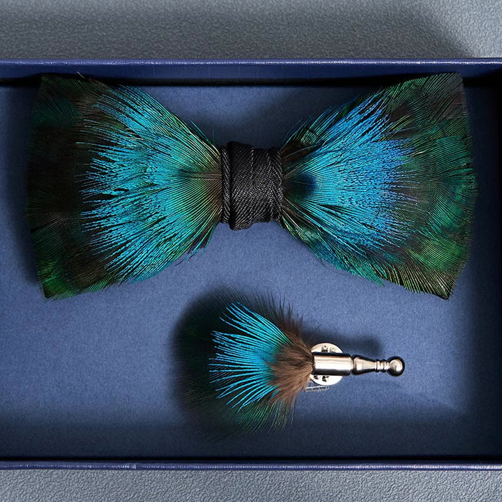 Aurora Blue & Green Feather Bow Tie with Lapel Pin
