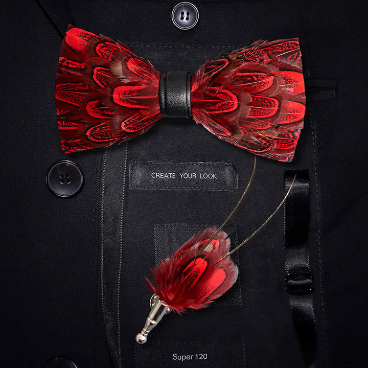 Crison & Black Peacock Feather Bow Tie with Lapel Pin