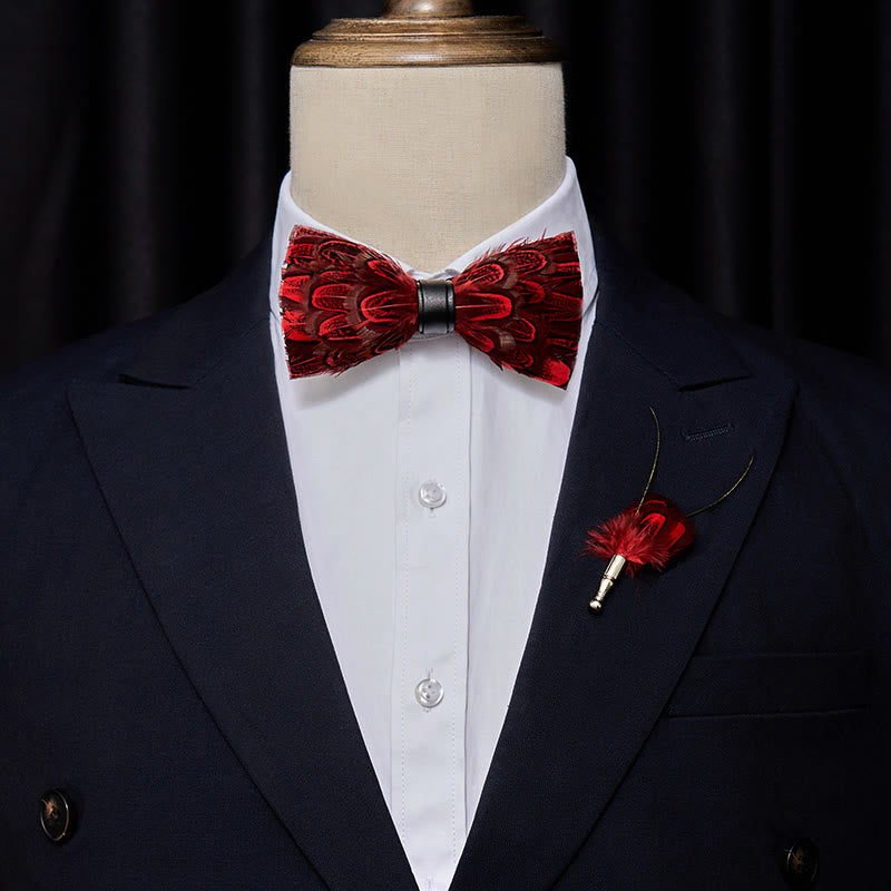 Crison & Black Peacock Feather Bow Tie with Lapel Pin