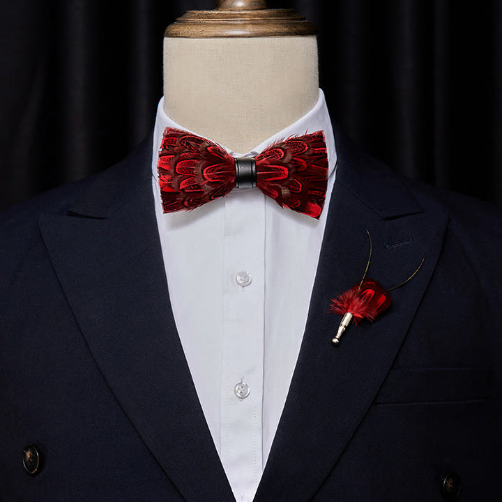 Crison & Black Peacock Feather Bow Tie with Lapel Pin